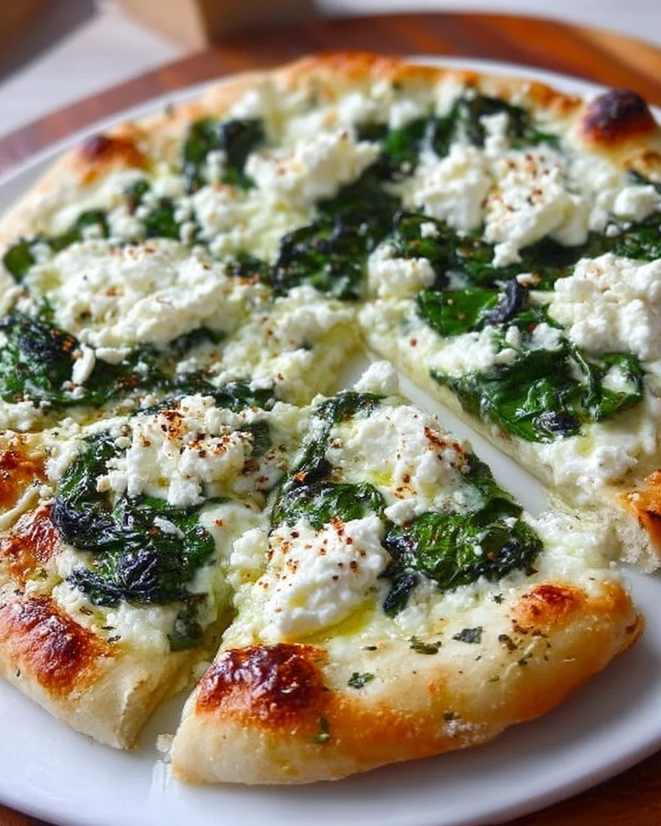 Greek Roasted Garlic Spinach White Pizza with fresh greens and garlic