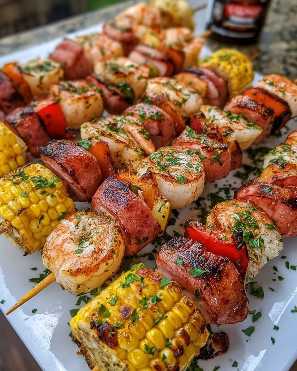 Delicious grilled seafood skewers with shrimp, fish, and vegetables on a barbecue grill