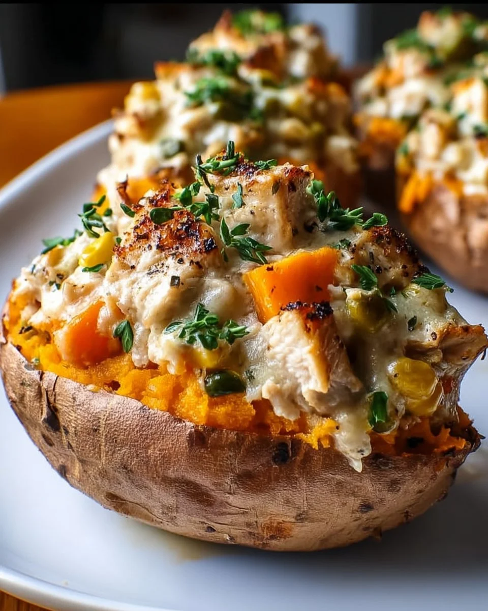Hearty chicken pot pie stuffed in baked sweet potatoes for a nutritious meal.