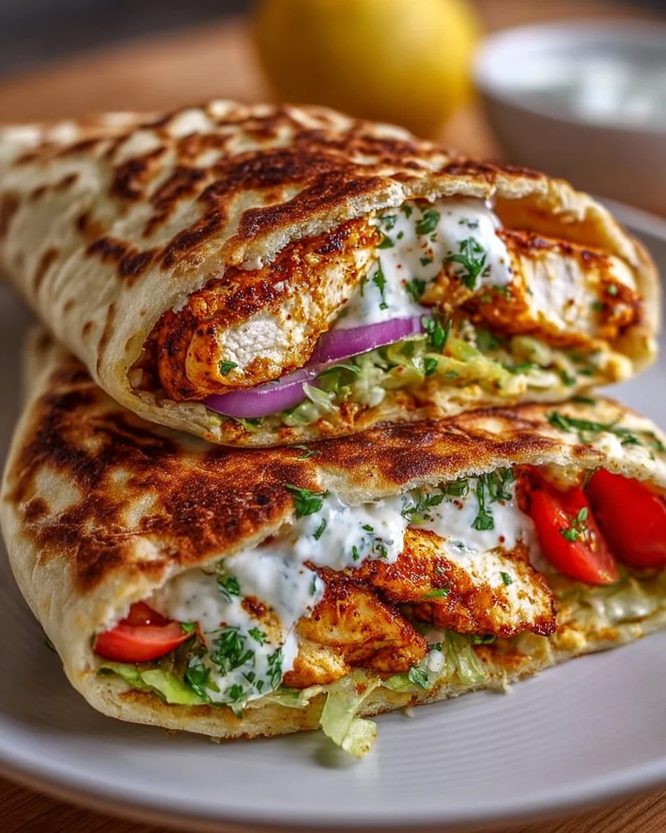 Crispy cottage cheese flatbread chicken wraps on a plate.