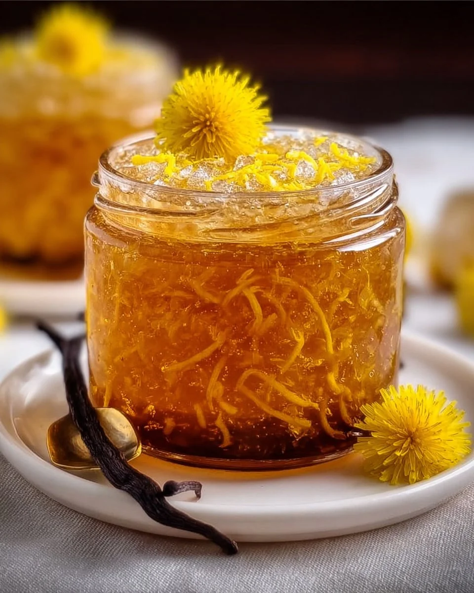 Homemade dandelion jelly with vanilla bean and lemon zest in a jar