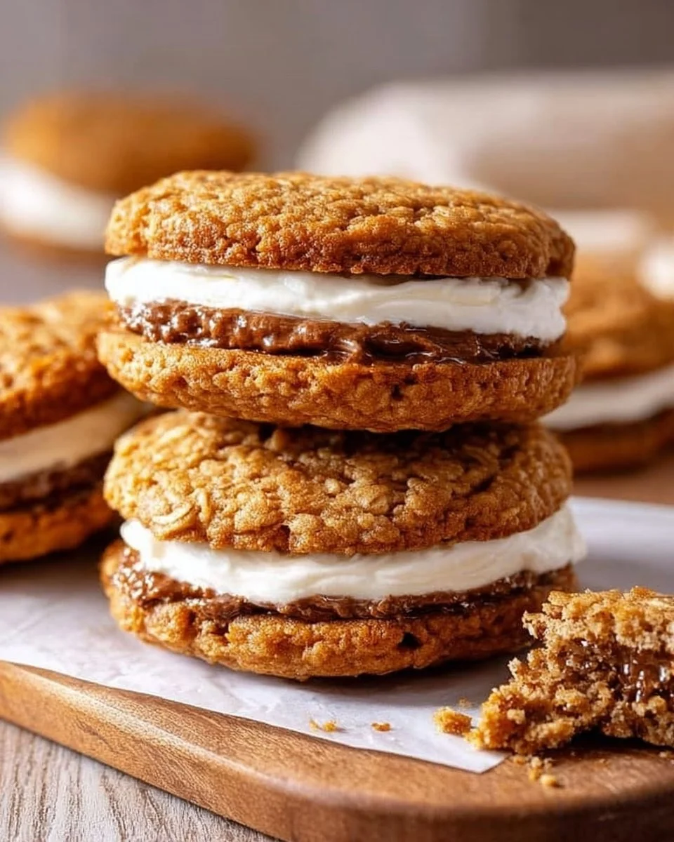 Homemade oatmeal cream pies with creamy filling between soft cookies