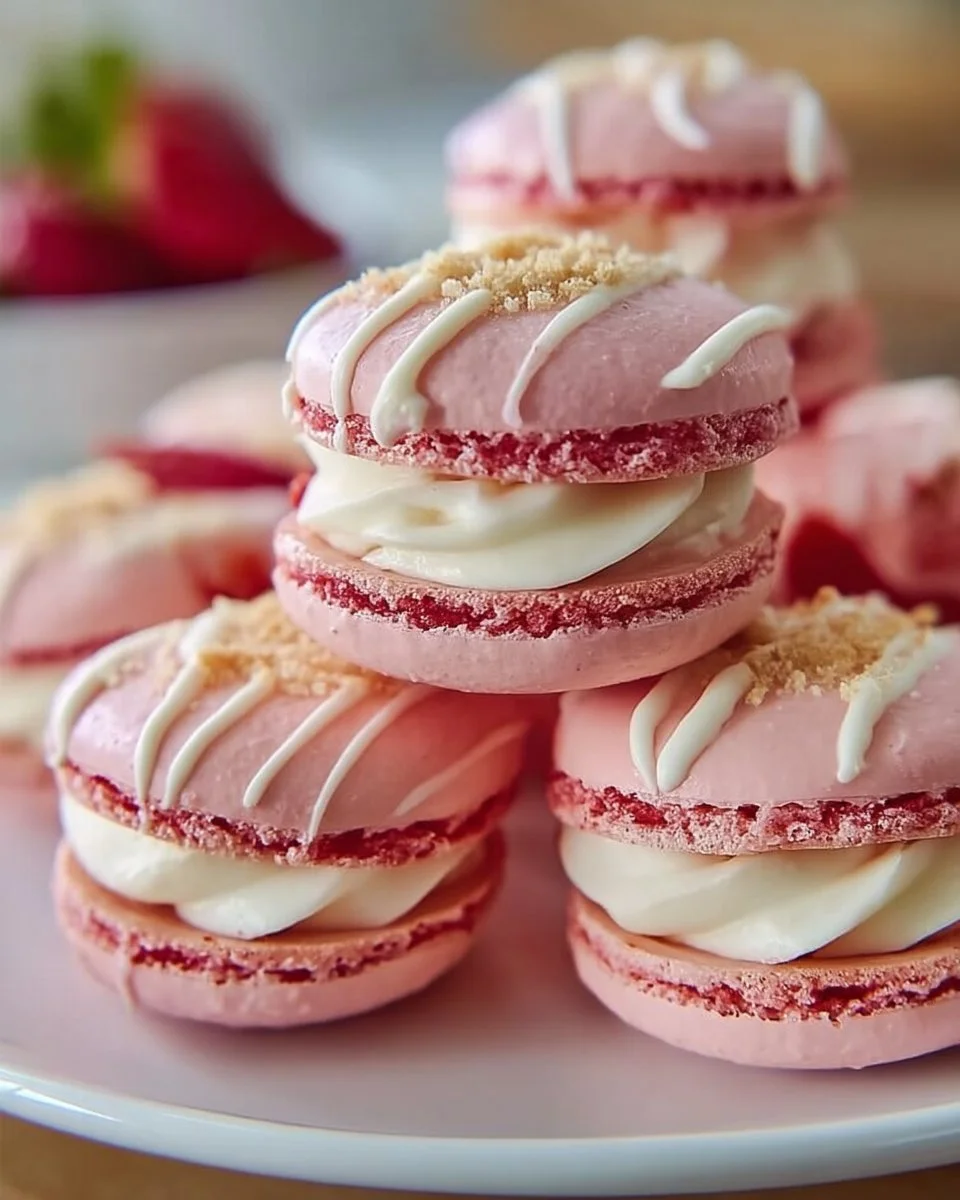 Homemade strawberry cheesecake macarons on a decorative plate