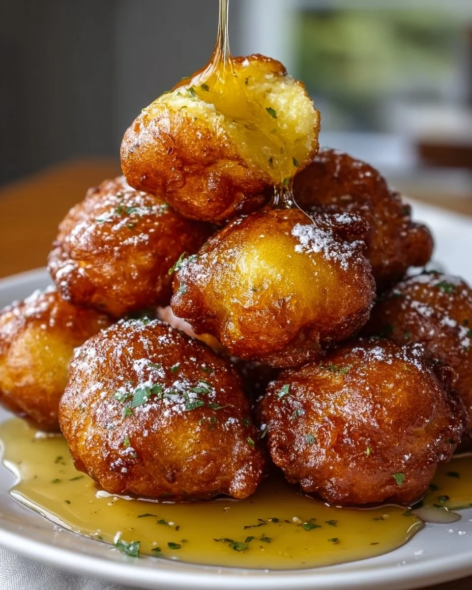 Honey butter cornbread fritters served on a plate with honey drizzle.