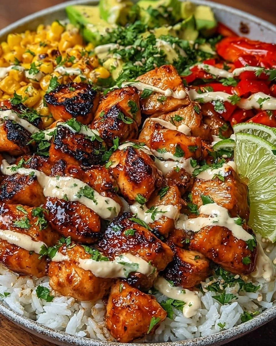 Honey Sriracha Chicken rice bowl topped with creamy lime sauce