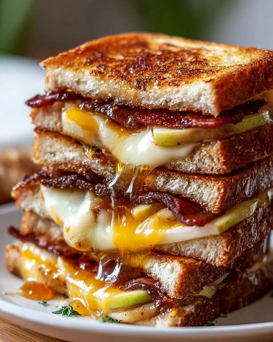 Delicious hot honey apple cheddar beef bacon grilled cheese sandwich