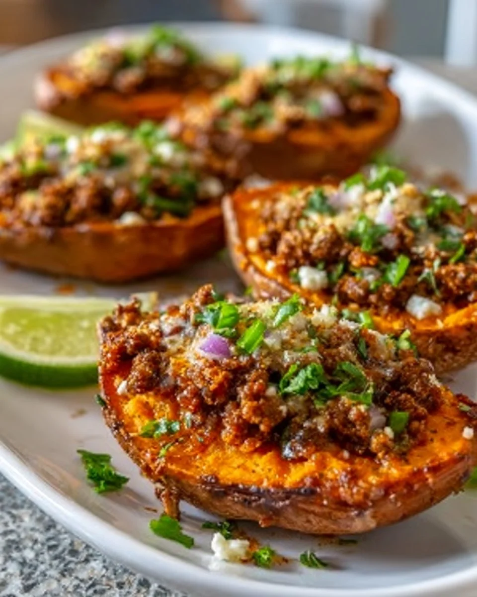 Hot honey ground beef stuffed in sweet potato boats for a healthy dinner