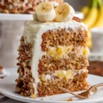 Delicious Hummingbird Cake topped with cream cheese frosting and garnished with nuts.