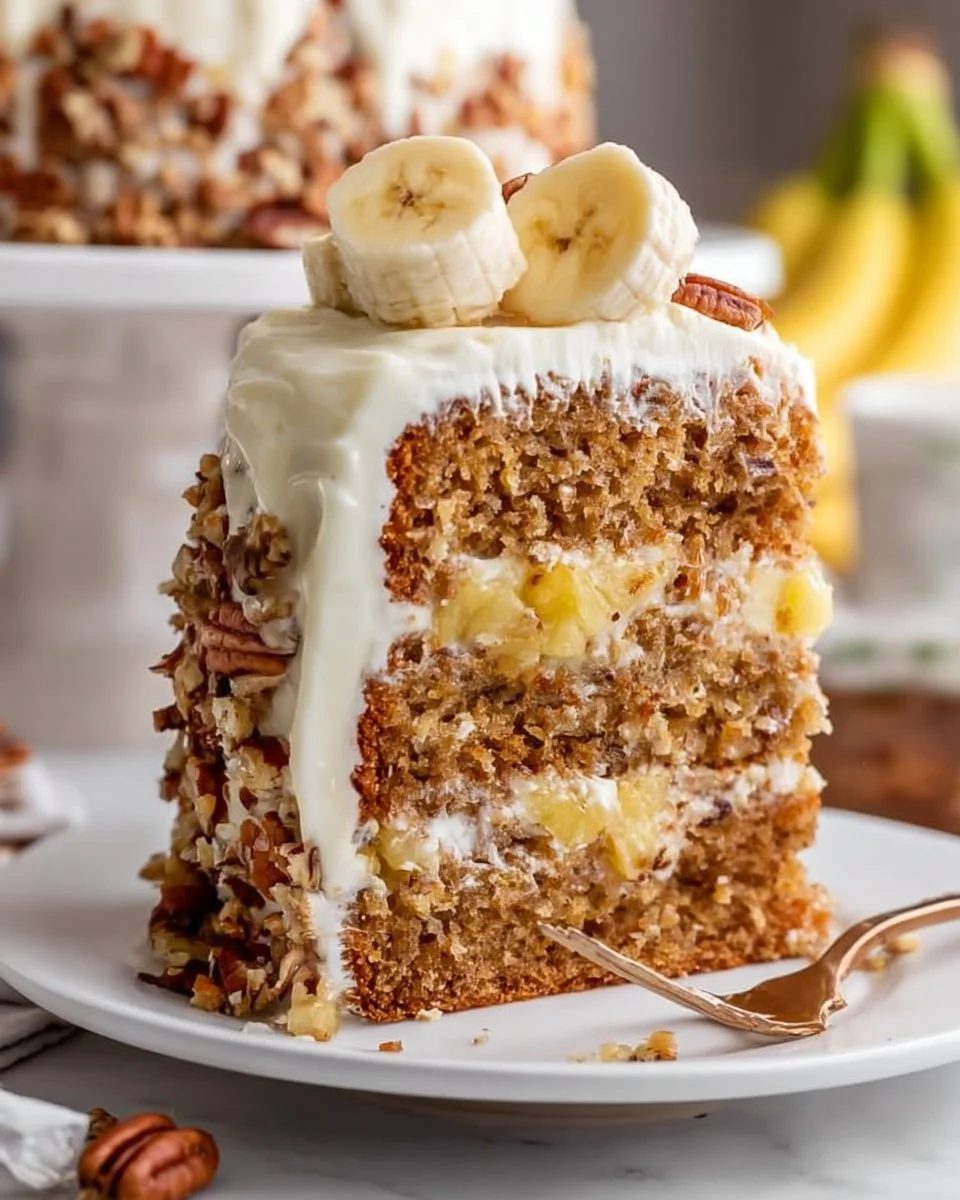 Delicious Hummingbird Cake topped with cream cheese frosting and garnished with nuts.