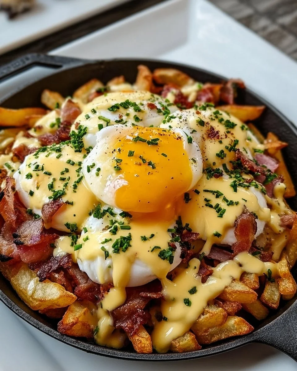 Delicious breakfast poutine topped with hollandaise sauce