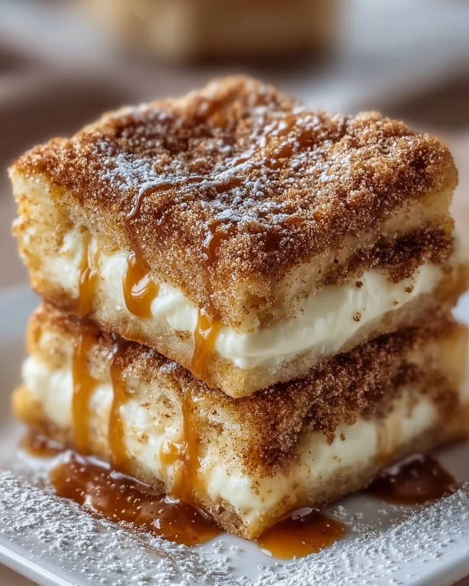 Indulgent churro cheesecake bars topped with cinnamon sugar and drizzled with caramel.