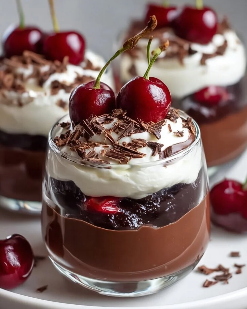 Irresistible vegan black forest dessert cups garnished with cherries and chocolate