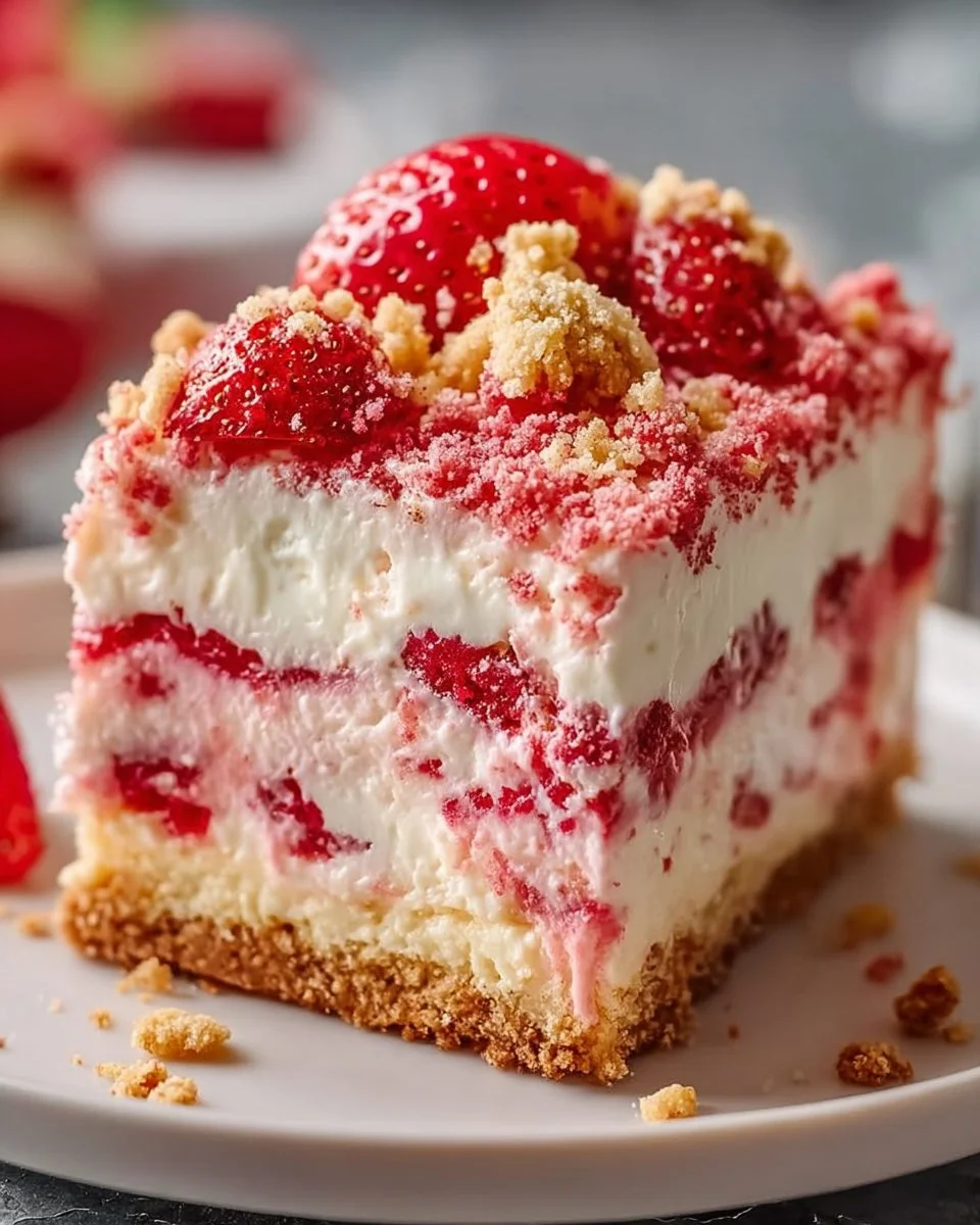 A beautifully decorated strawberry crunch cake topped with strawberries and crunchy layers.