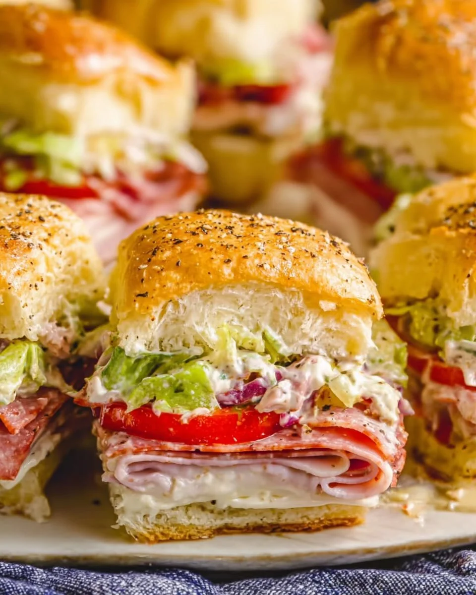 Italian Grinder Sliders served on a platter with fresh ingredients and herbs.