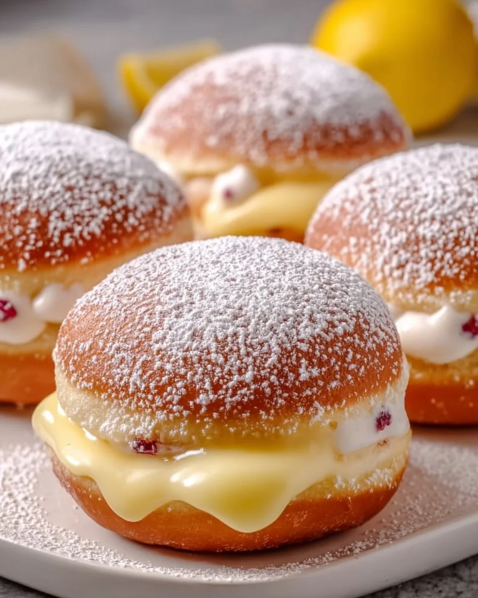 Freshly baked lemon cream filled donuts topped with powdered sugar