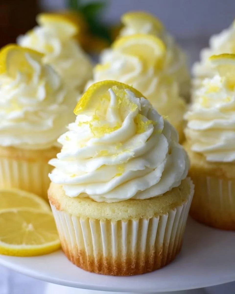 Delicious lemon cupcakes topped with creamy lemon frosting.