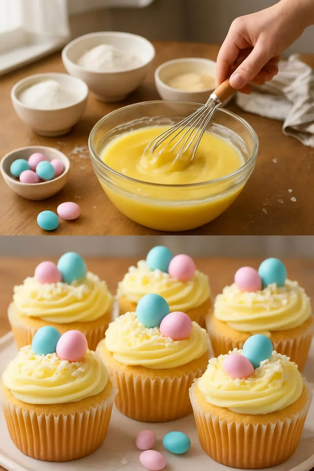 Delicious lemon curd Easter cupcakes decorated with frosting and lemon slices.