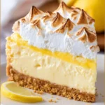 Delicious lemon meringue cheesecake topped with golden meringue