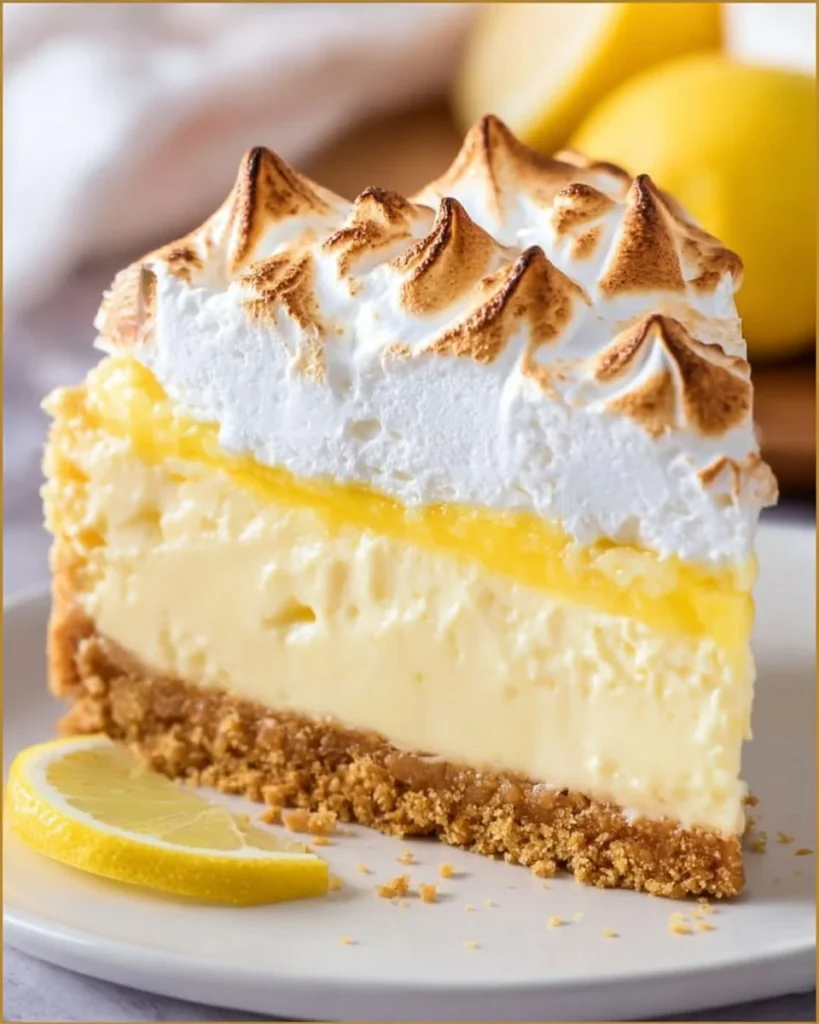 Delicious lemon meringue cheesecake topped with golden meringue