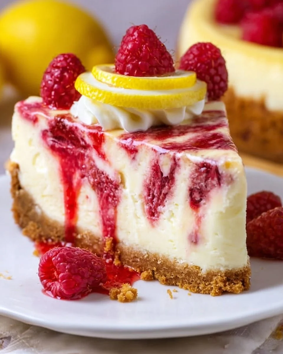 Lemon Raspberry Swirl Cheesecake topped with fresh raspberries and lemon zest.