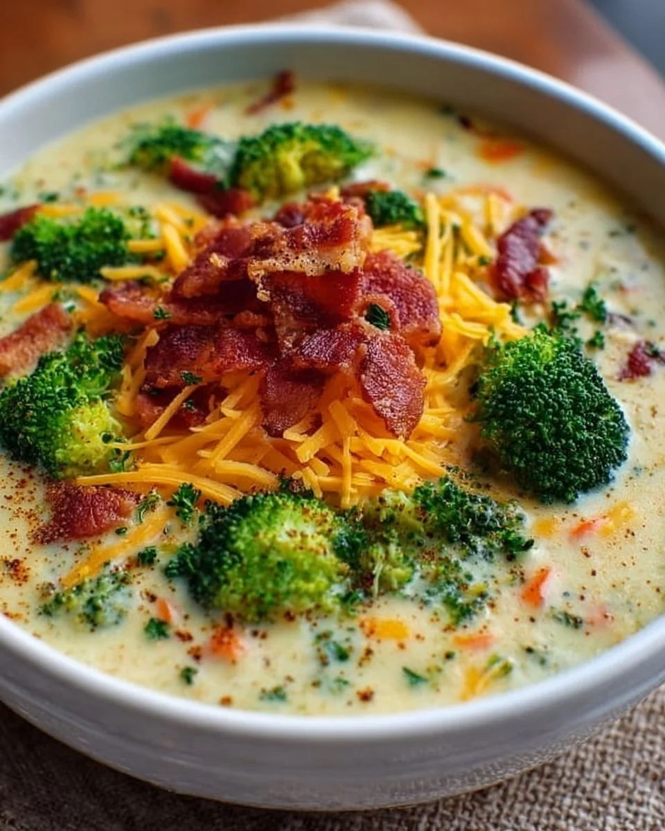 Delicious bowl of loaded broccoli cheddar soup topped with cheese and broccoli
