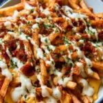 Plate of Louisiana Voodoo Fries topped with Cajun spices and sauces