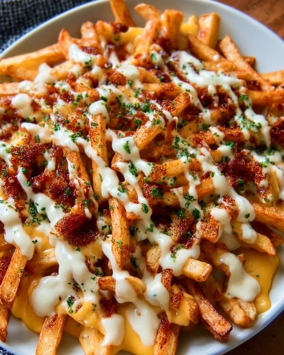 Plate of Louisiana Voodoo Fries topped with Cajun spices and sauces