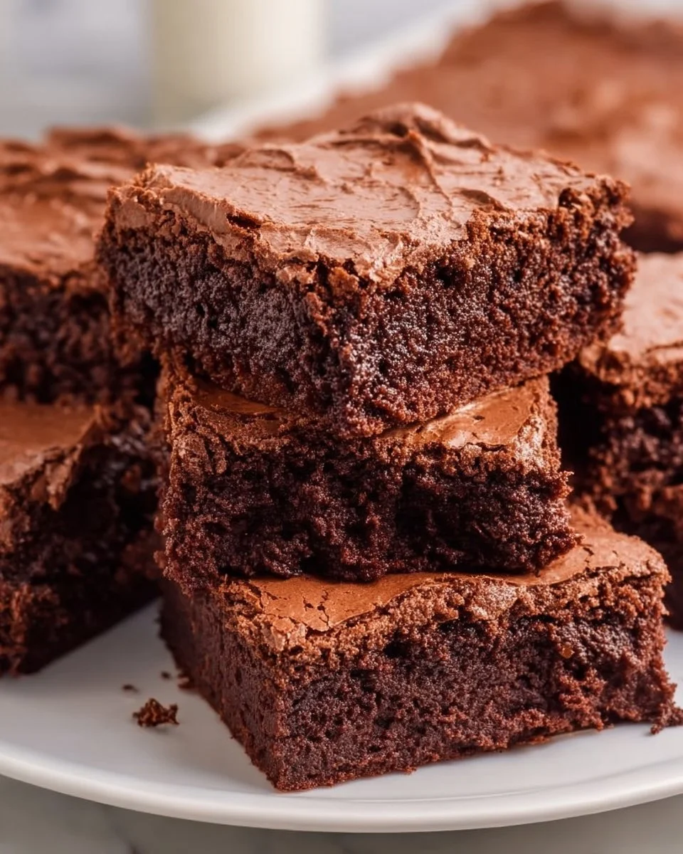 Lunch Lady Brownies with chocolate frosting on a white plate