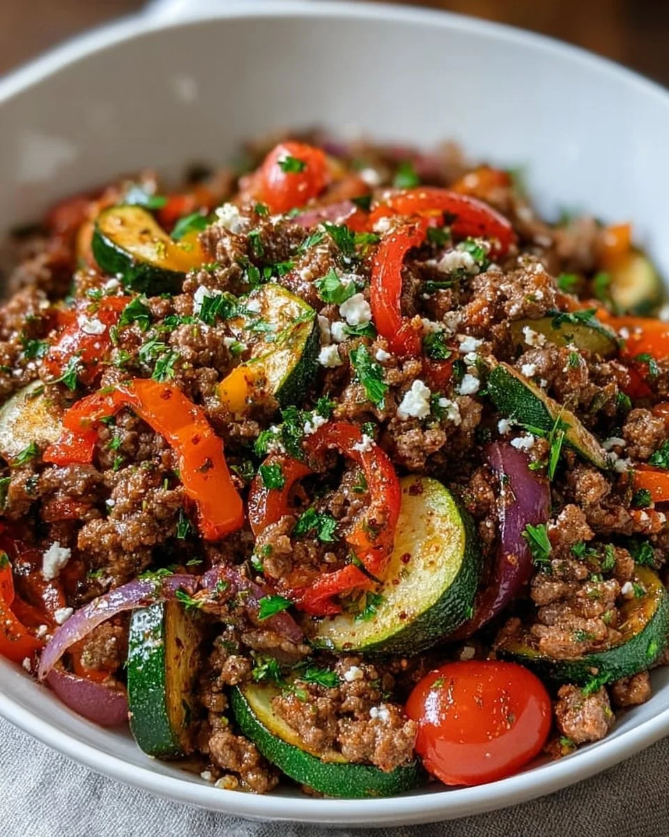 Mediterranean Ground Beef Stir Fry with colorful vegetables and spices