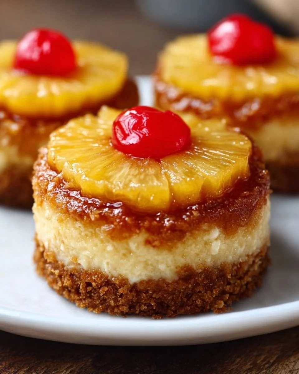 Mini Pineapple Upside-Down Cheesecakes topped with caramelized pineapple slices.