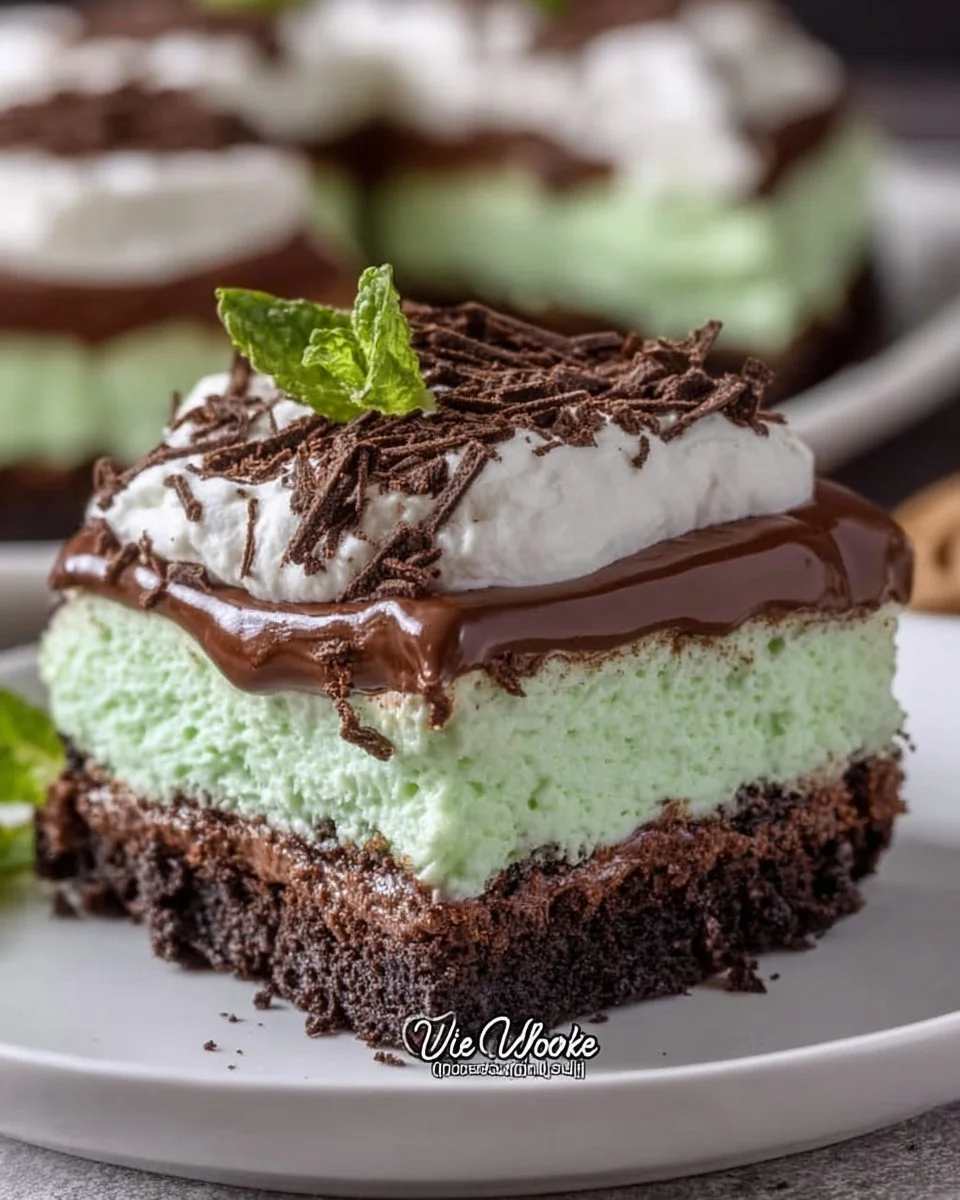 Slice of mint chocolate lasagna served on a plate with mint garnish