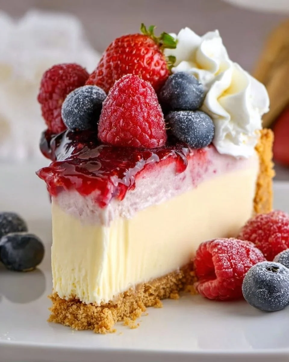 Delicious no bake berry vanilla cheesecake topped with fresh berries