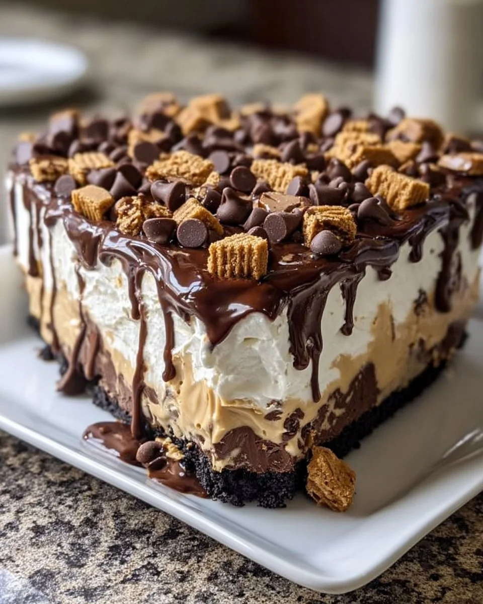 No-bake chocolate peanut butter mousse pie topped with chocolate shavings and peanuts