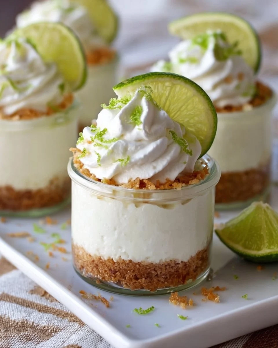 No bake key lime cheesecakes served in mason jars with a refreshing lime slice.