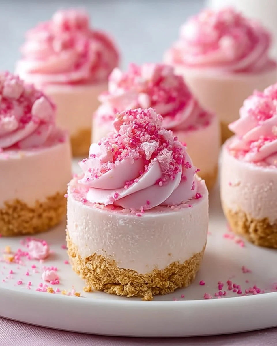 No-Bake Pink Velvet Cheesecake Bites with creamy frosting on a white plate