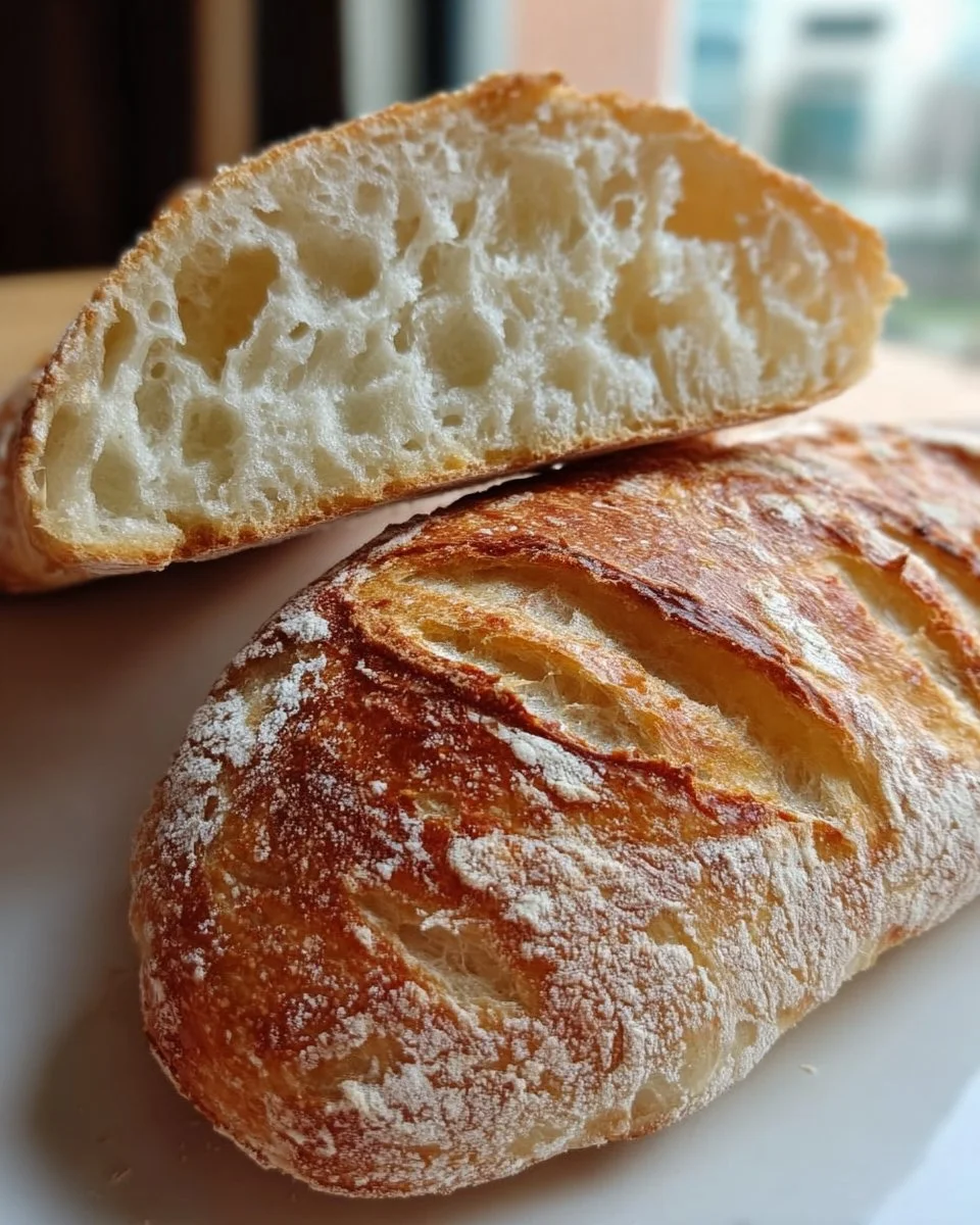 Freshly baked No-Knead Bread Baguette on a wooden cutting board