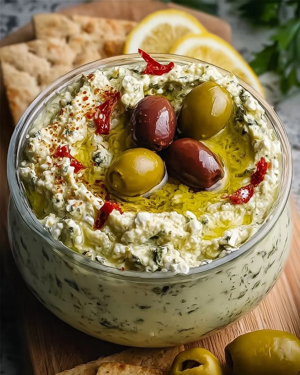 Creamy and zesty olive dip served in a rustic bowl for a delicious appetizer.