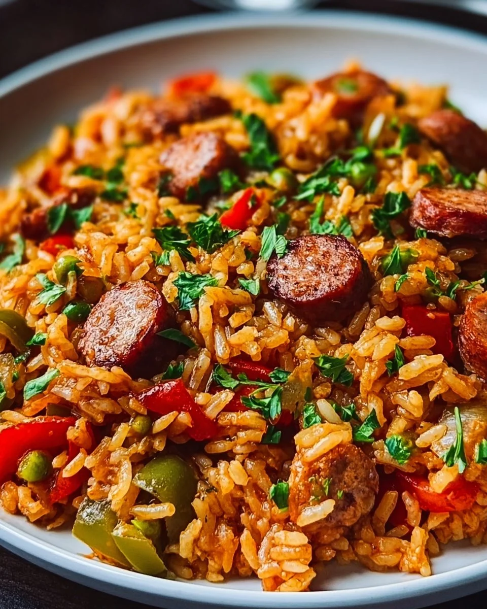 One Pot Sausage Rice dish with vibrant vegetables and sausage in a skillet