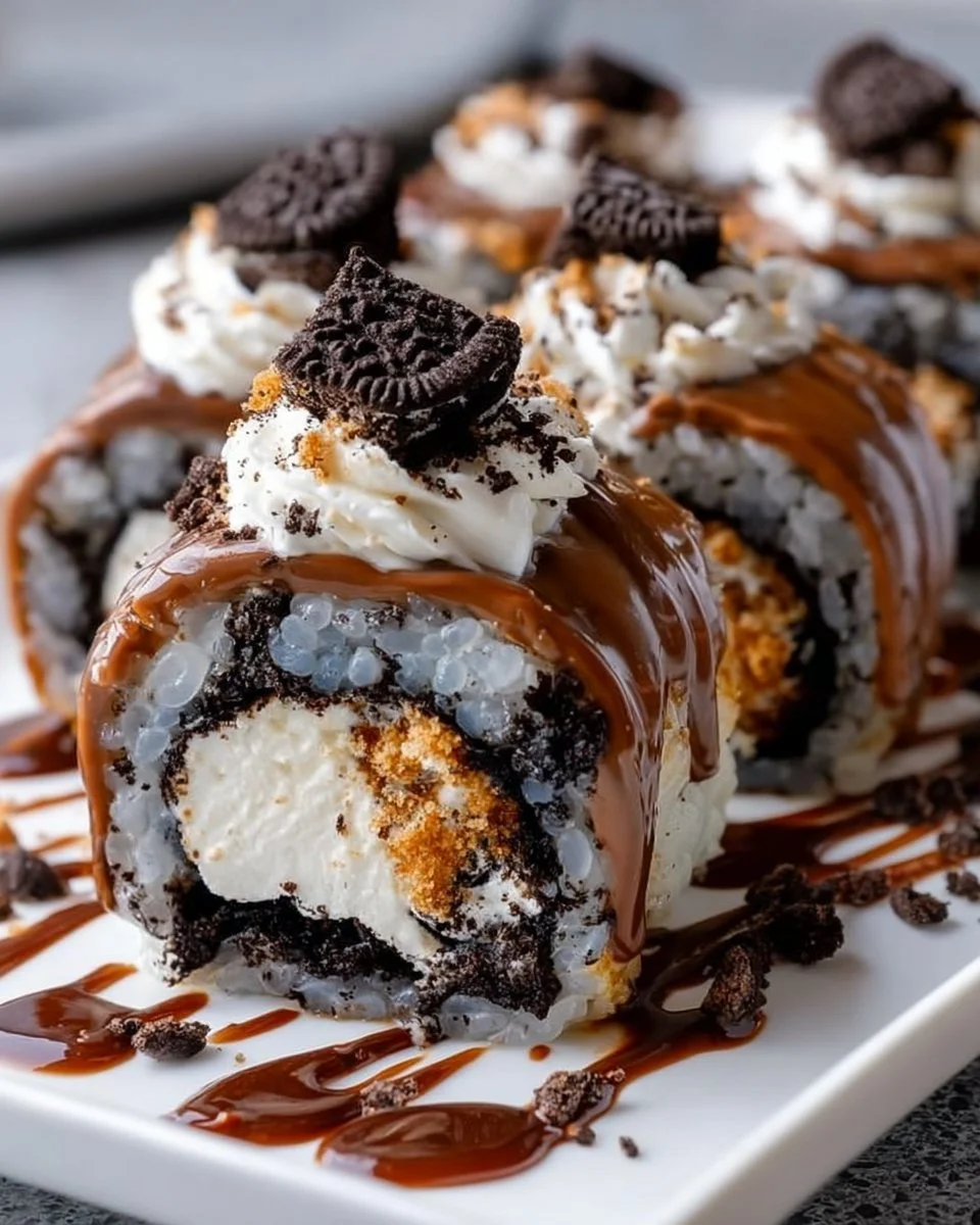 Oreo Sushi Rolls creatively crafted with crushed Oreos, chocolate, and rice wraps.