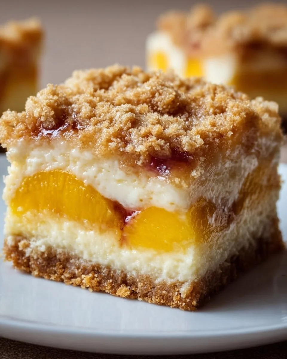 Delicious peach cheesecake bars with a creamy filling and fresh peaches.