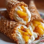 Peach Cobbler Cheesecake Cones served on a rustic wooden table