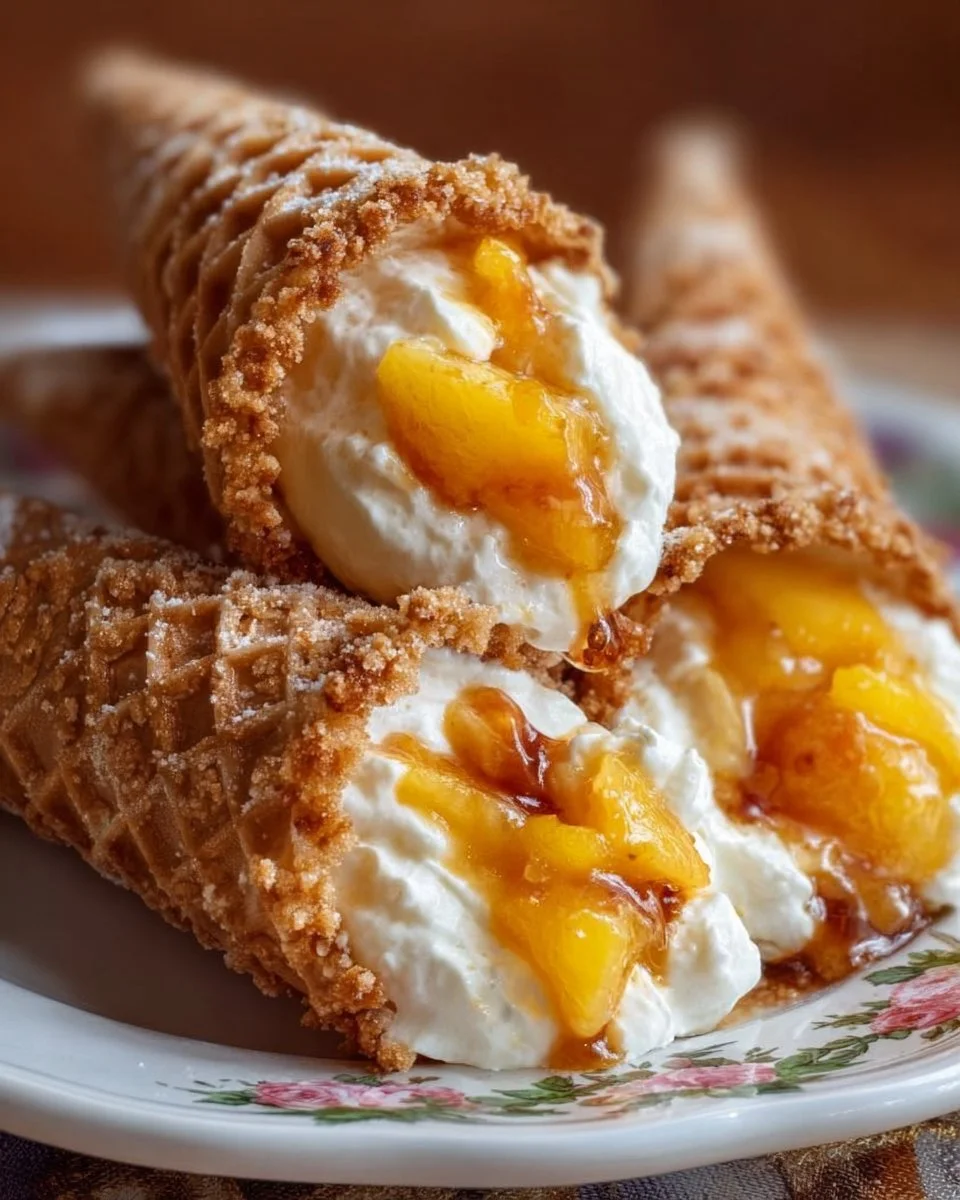 Peach Cobbler Cheesecake Cones served on a rustic wooden table