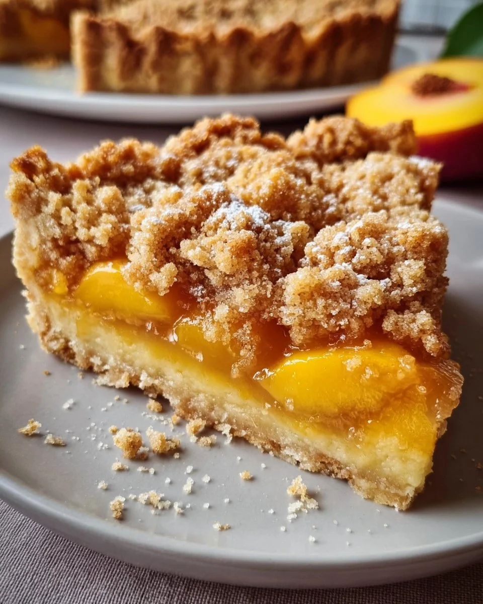 Peach Pie Crumble Bars with fresh peaches and crumbly topping