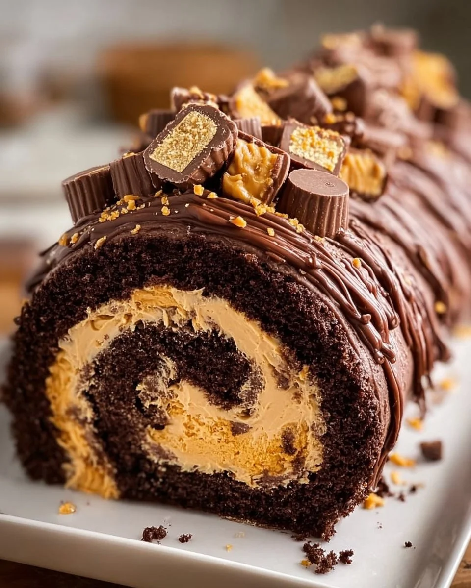 Peanut Butter Cup Chocolate Roll Cake topped with chocolate and peanut butter drizzle