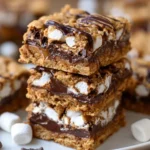 Peanut Butter S'mores Oatmeal Cookie Bars topped with gooey marshmallows and chocolate