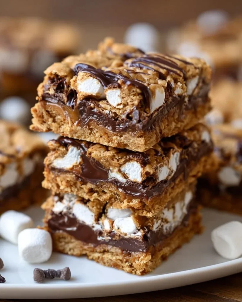 Peanut Butter S'mores Oatmeal Cookie Bars topped with gooey marshmallows and chocolate