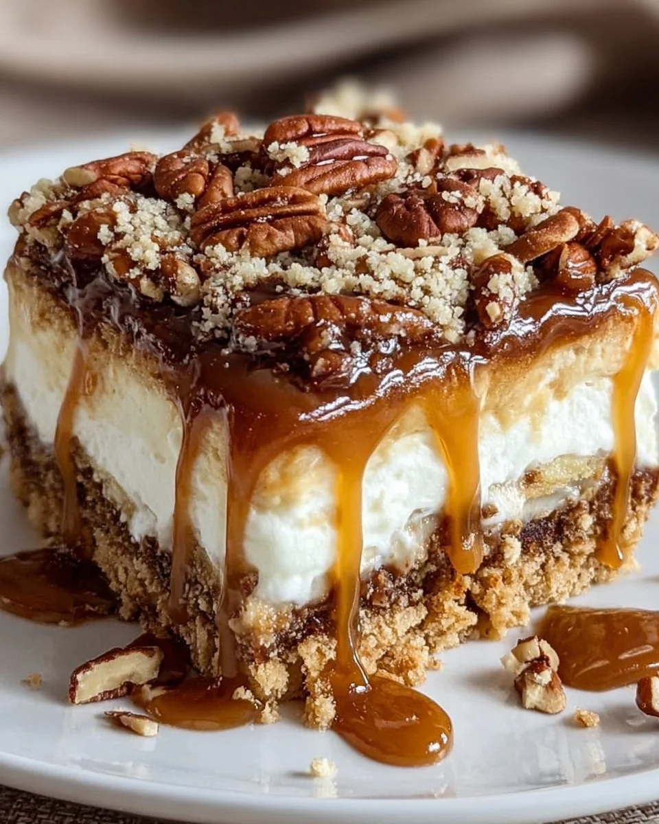 Delicious pecan pie lasagna layered with creamy filling and topped with pecans