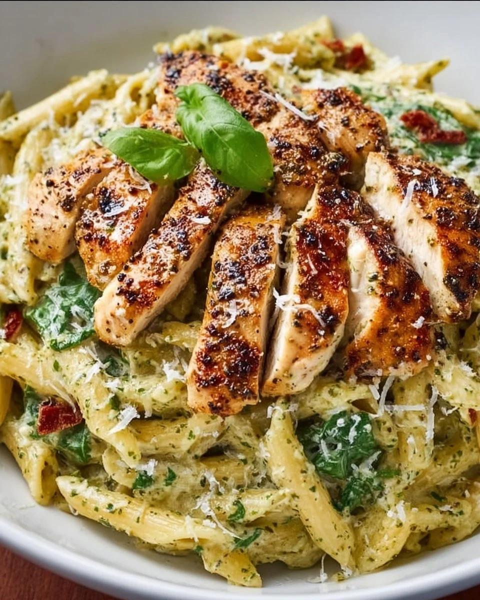 Pesto Pasta with Chicken garnished with fresh basil and parmesan cheese