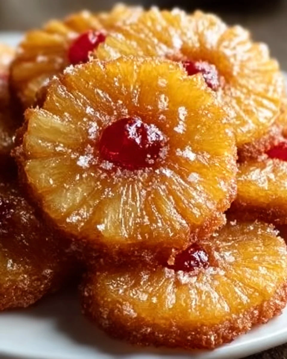 Pineapple upside down cookies with vibrant pineapple topping and cookie base.