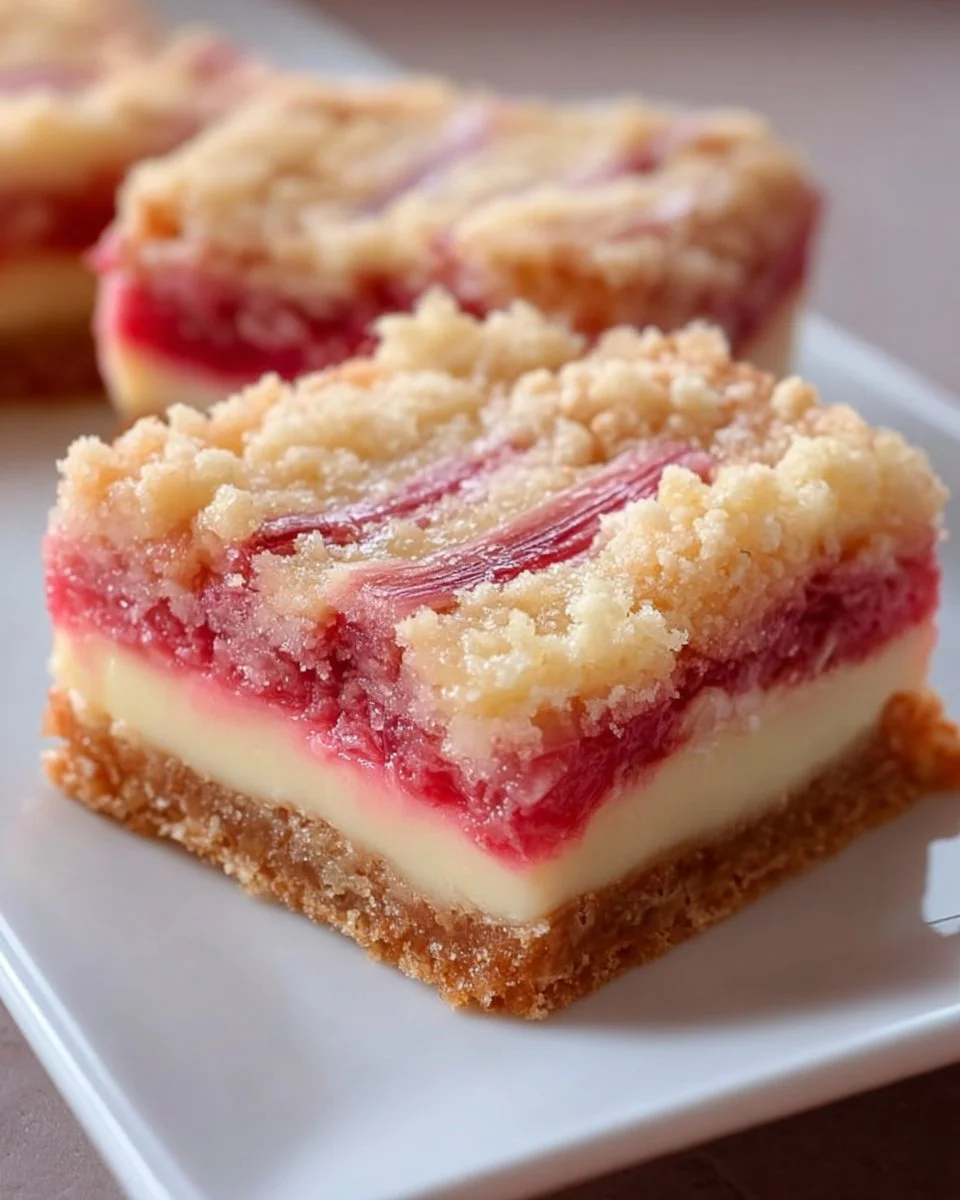 Delicious Rhubarb Cream Cheese Bars served on a plate with fresh rhubarb